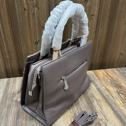 Women's Structured PU Leather Handbag with Cream Stripe Detail – Top Handle Bag with Detachable Shoulder Strap (Taupe, Dark Grey)