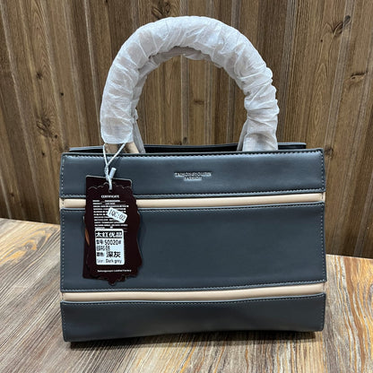 Women's Structured PU Leather Handbag with Cream Stripe Detail – Top Handle Bag with Detachable Shoulder Strap (Taupe, Dark Grey)