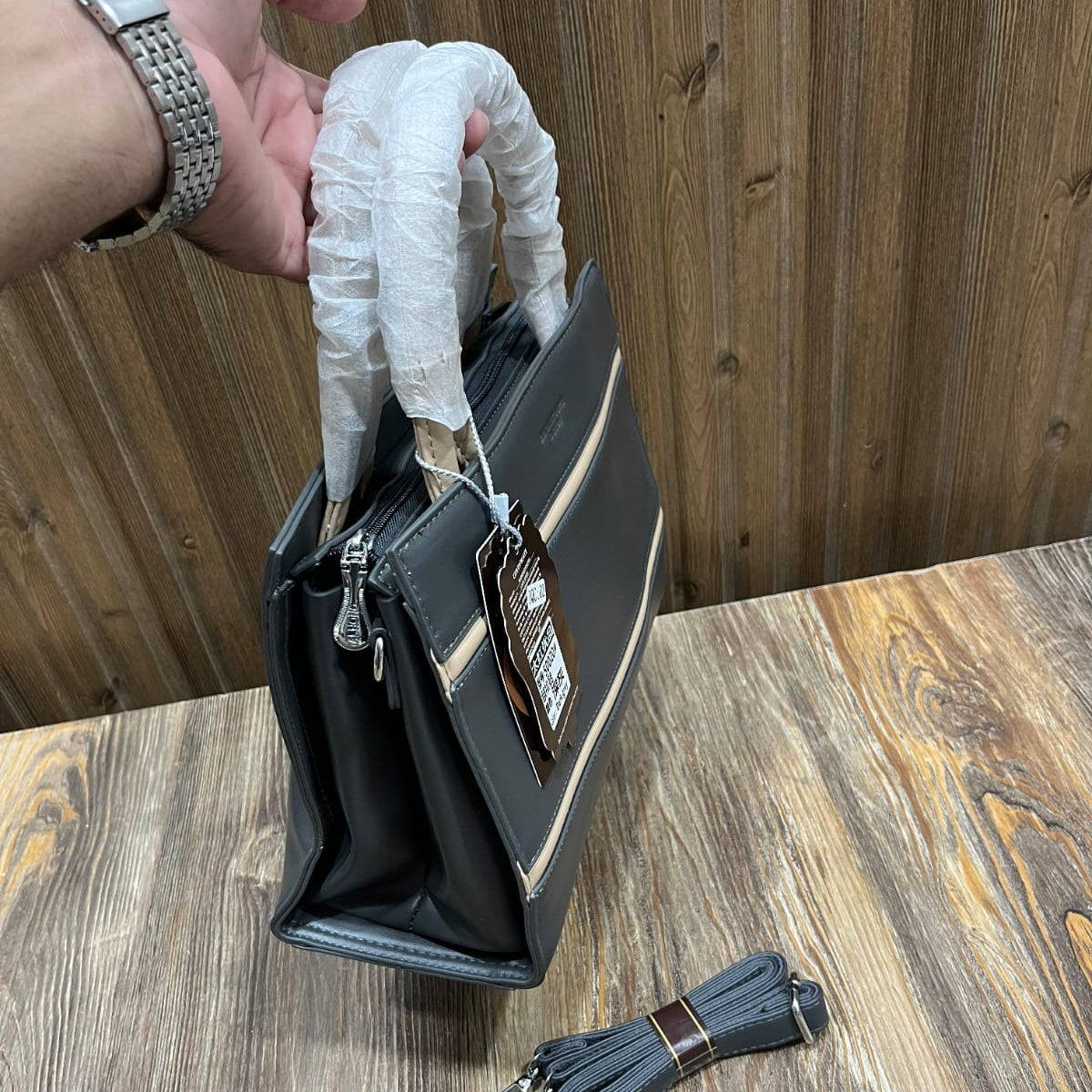 Women's Structured PU Leather Handbag with Cream Stripe Detail – Top Handle Bag with Detachable Shoulder Strap (Taupe, Dark Grey)