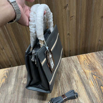 Women's Structured PU Leather Handbag with Cream Stripe Detail – Top Handle Bag with Detachable Shoulder Strap (Taupe, Dark Grey)