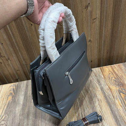 Women's Structured PU Leather Handbag with Cream Stripe Detail – Top Handle Bag with Detachable Shoulder Strap (Taupe, Dark Grey)