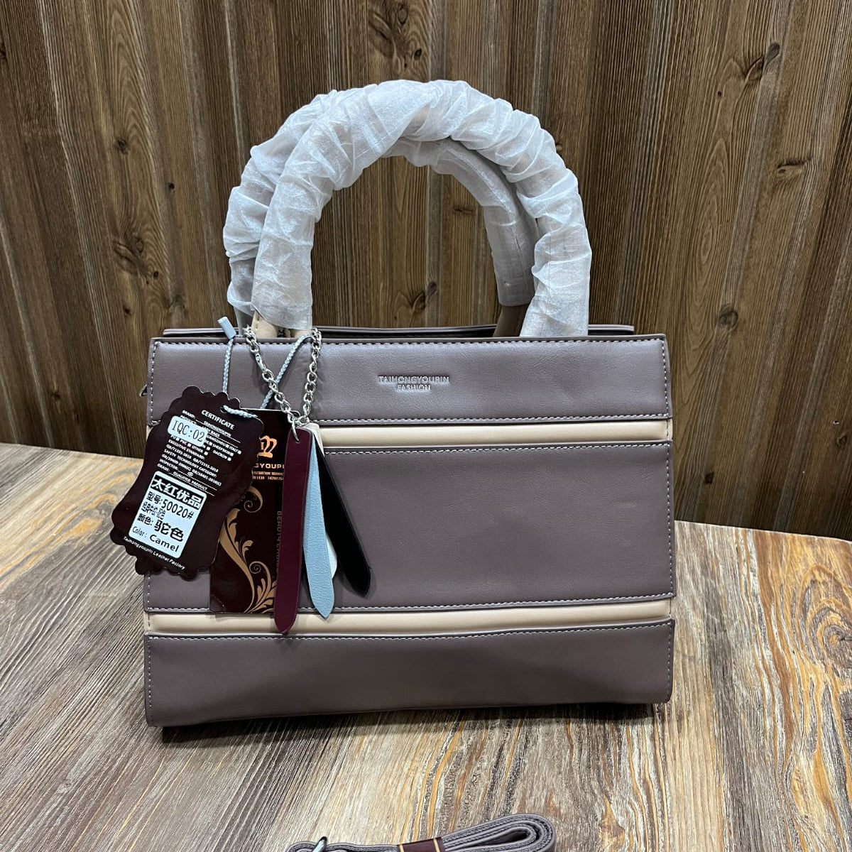 Women's Structured PU Leather Handbag with Cream Stripe Detail – Top Handle Bag with Detachable Shoulder Strap (Taupe, Dark Grey)