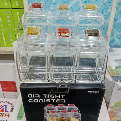 6 Pcs Acrylic Square Spice Jar Set with Air Tight Lid & 2-Tier Metal Stand – High Quality Imported