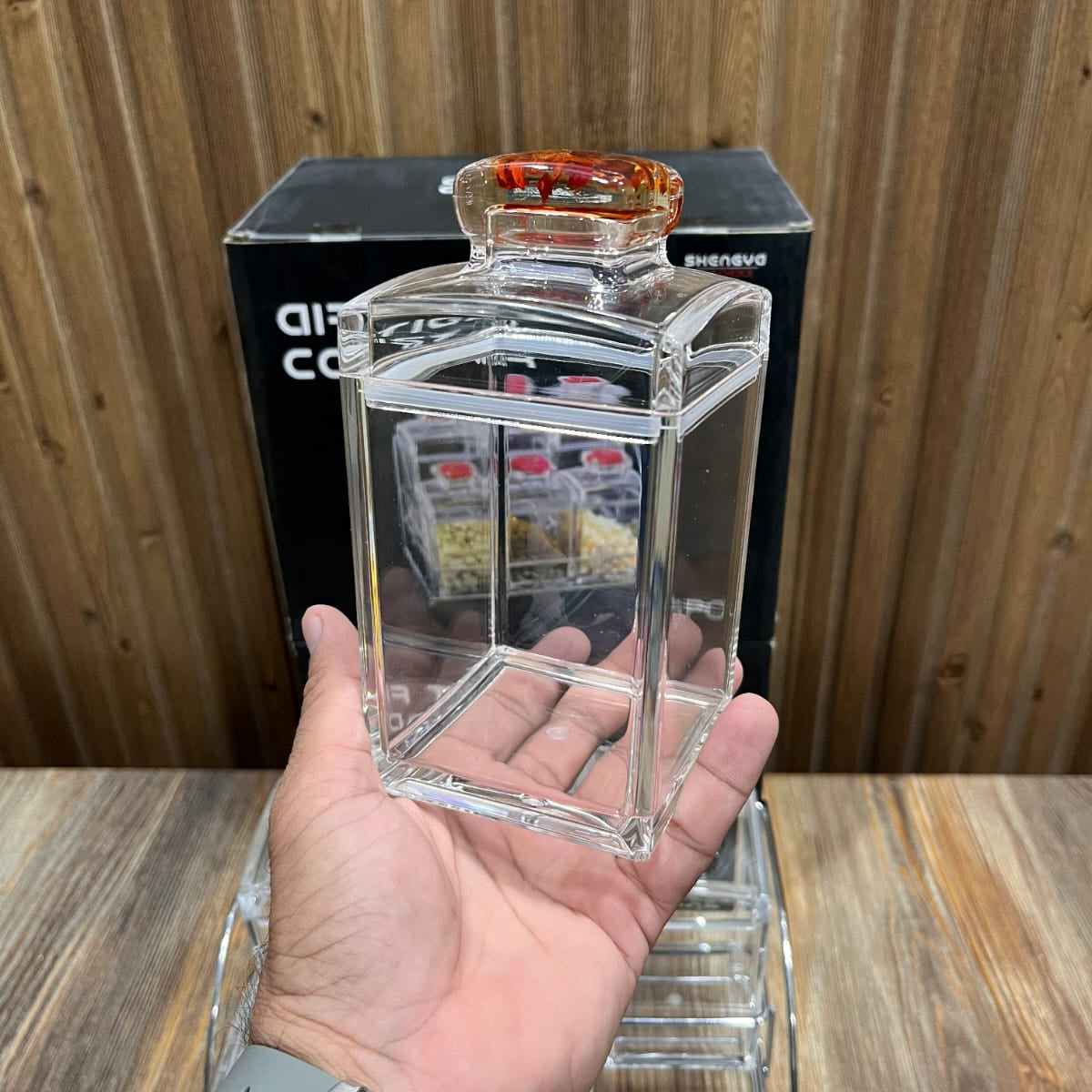 6 Pcs Acrylic Square Spice Jar Set with Air Tight Lid & 2-Tier Metal Stand – High Quality Imported