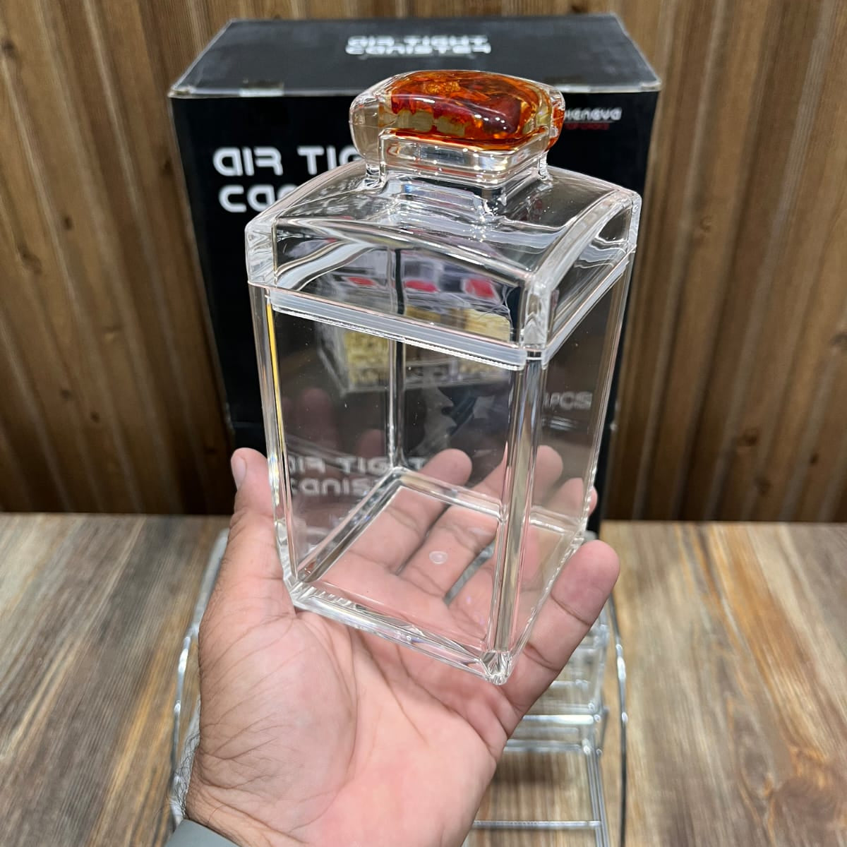 6 Pcs Acrylic Square Spice Jar Set with Air Tight Lid & 2-Tier Metal Stand – High Quality Imported