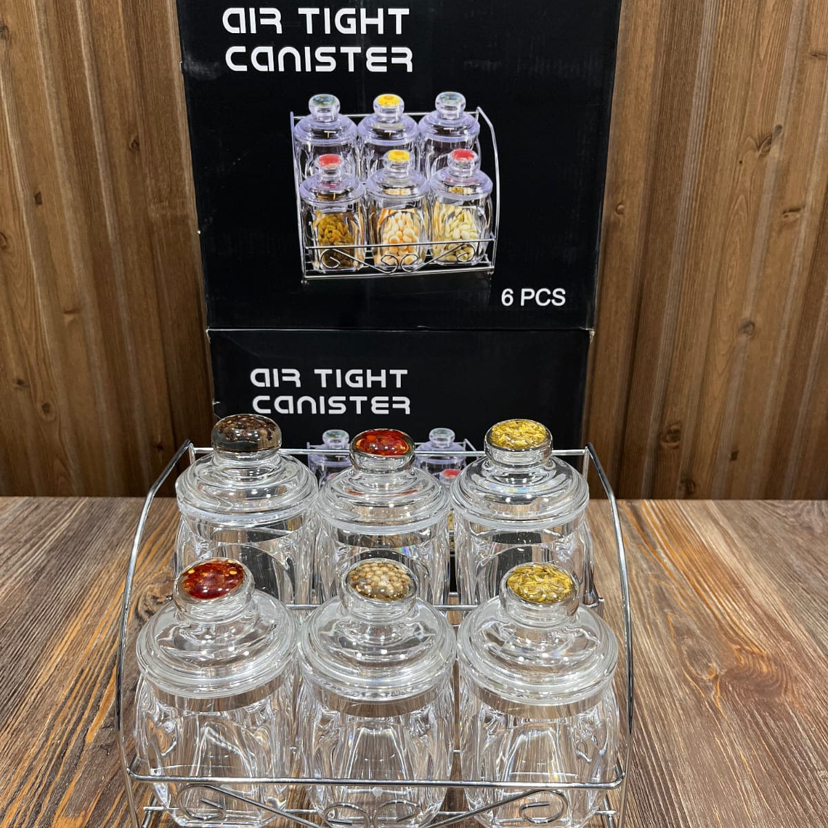 6 Pcs Acrylic Round Spice Jar Set with Air Tight Lid & 2-Tier Metal Stand – High Quality Imported