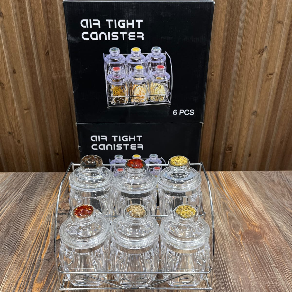 6 Pcs Acrylic Round Spice Jar Set with Air Tight Lid & 2-Tier Metal Stand – High Quality Imported