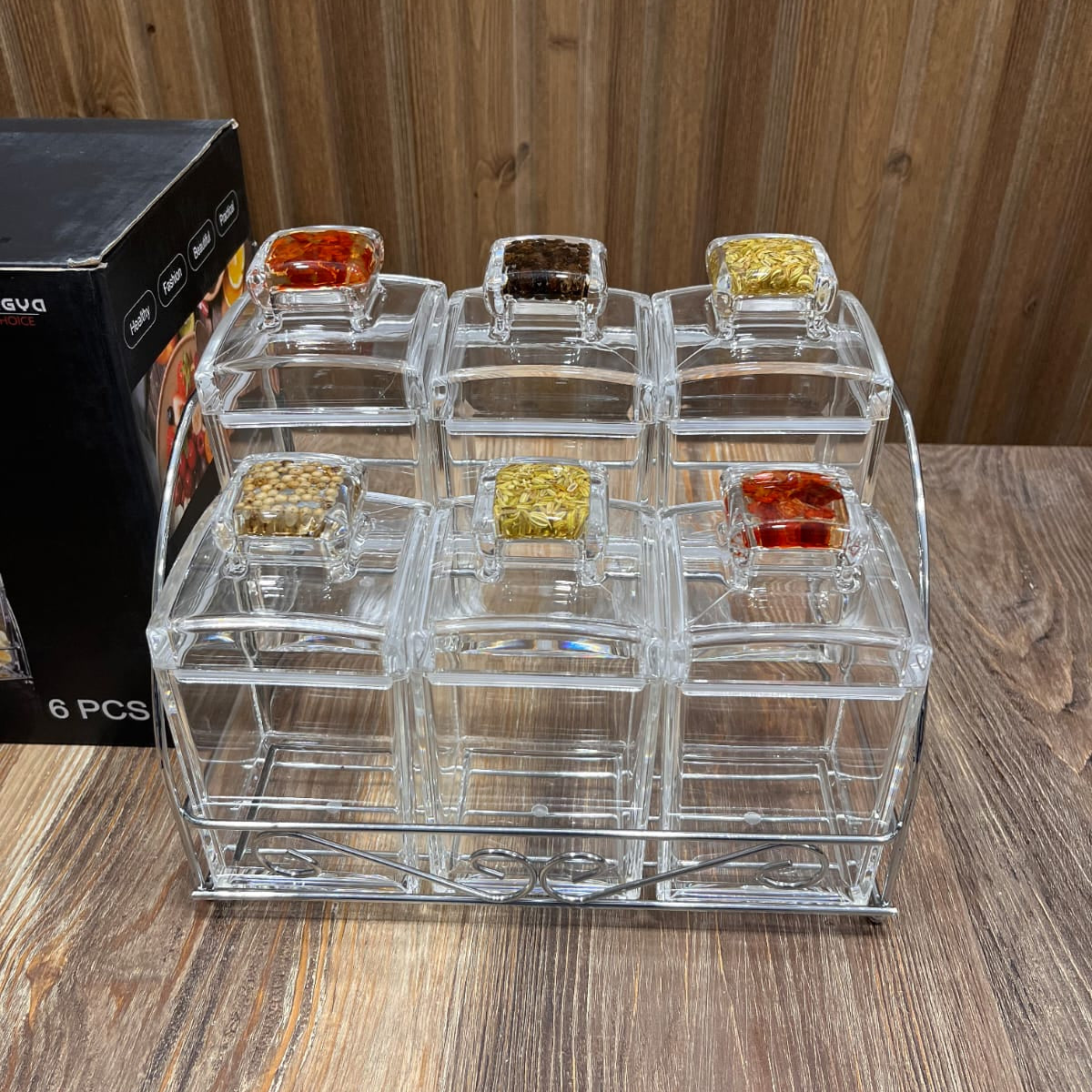6 Pcs Acrylic Square Spice Jar Set with Air Tight Lid & 2-Tier Metal Stand – High Quality Imported