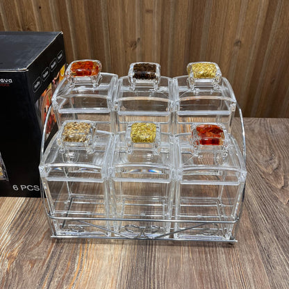 6 Pcs Acrylic Square Spice Jar Set with Air Tight Lid & 2-Tier Metal Stand – High Quality Imported