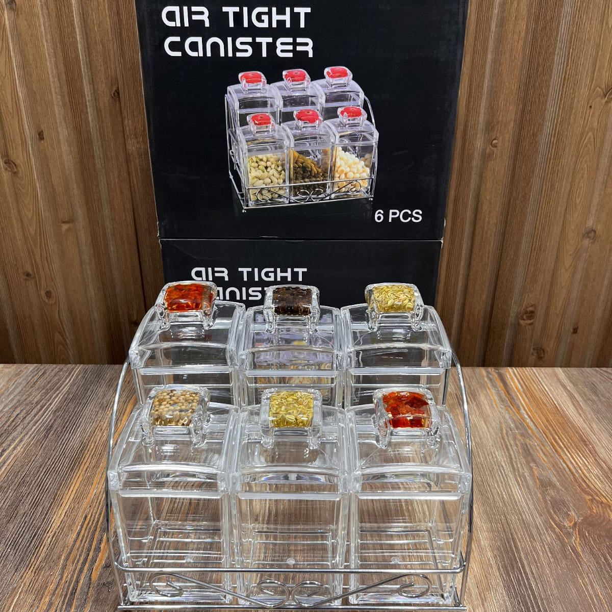 6 Pcs Acrylic Square Spice Jar Set with Air Tight Lid & 2-Tier Metal Stand – High Quality Imported