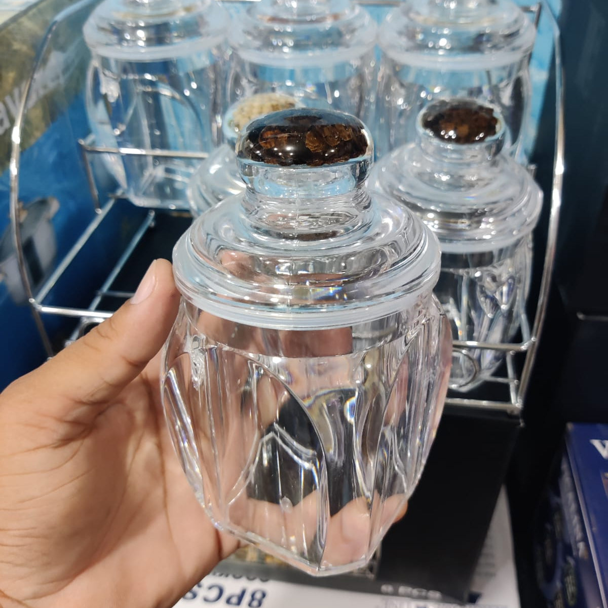 6 Pcs Acrylic Round Spice Jar Set with Air Tight Lid & 2-Tier Metal Stand – High Quality Imported