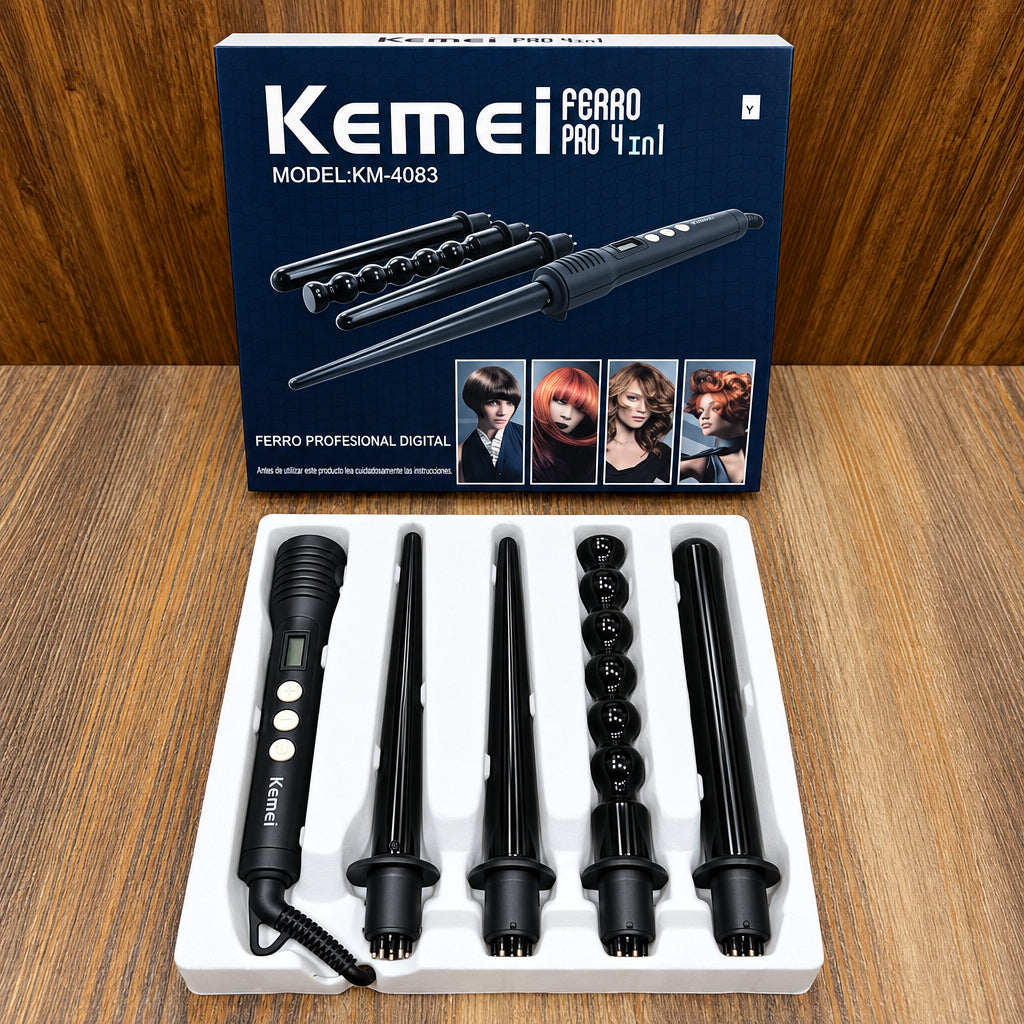Kemei Ferro Pro 4-in-1 Digital Curling Iron Set – Professional Interchangeable Barrels (KM-4083)