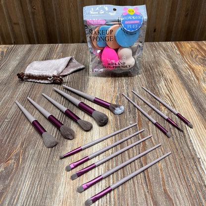 13-Piece Makeup Brush Set with Makeup Sponges & Velvet Pouch