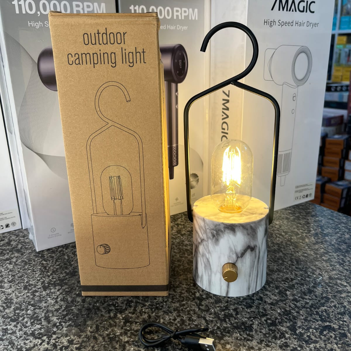 Vintage Outdoor Camping Lamp Rechargeable Marble Base Hanging Light