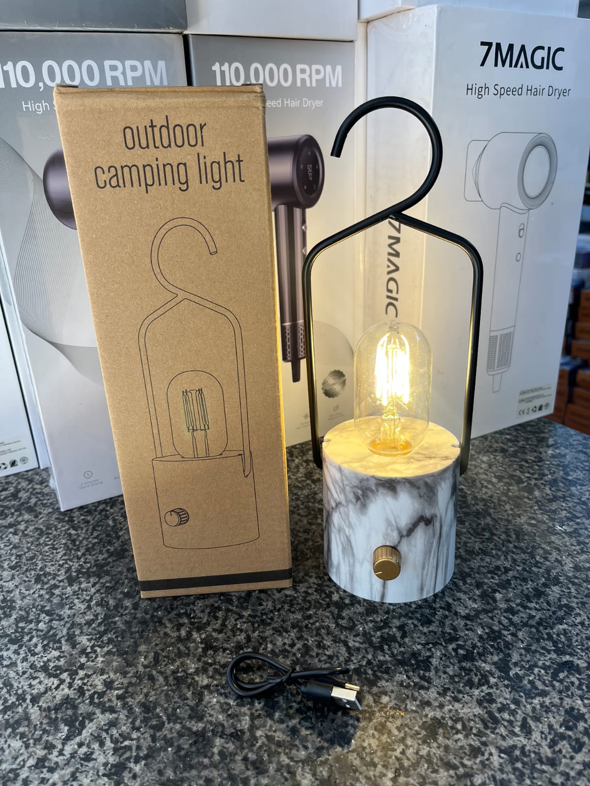 Vintage Outdoor Camping Lamp Rechargeable Marble Base Hanging Light