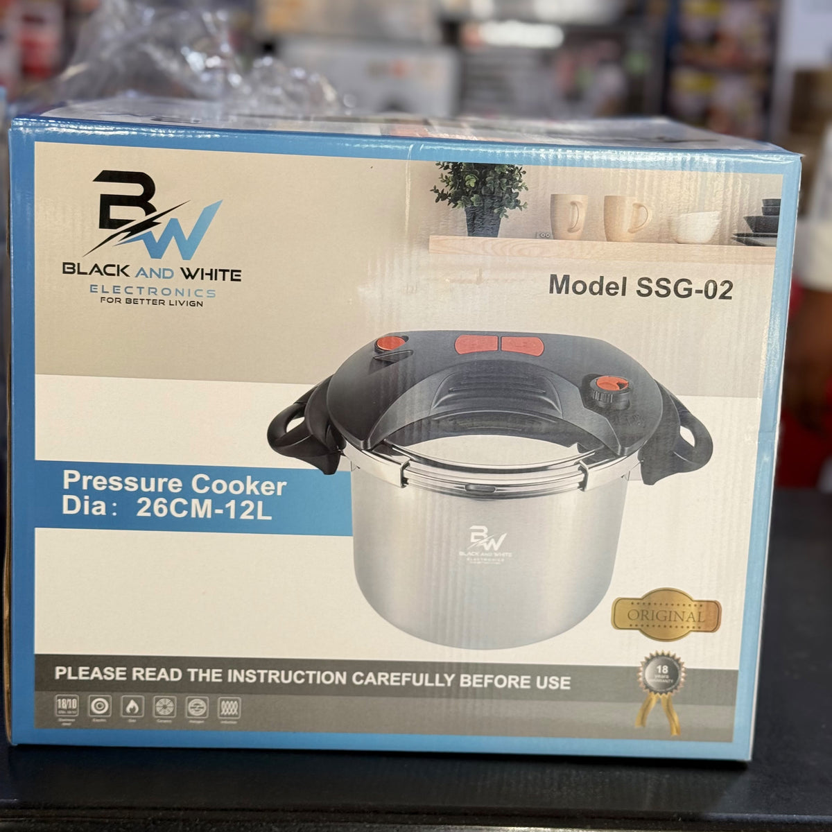 Black & White 12L Stainless Steel Pressure Cooker 26cm SSG-02