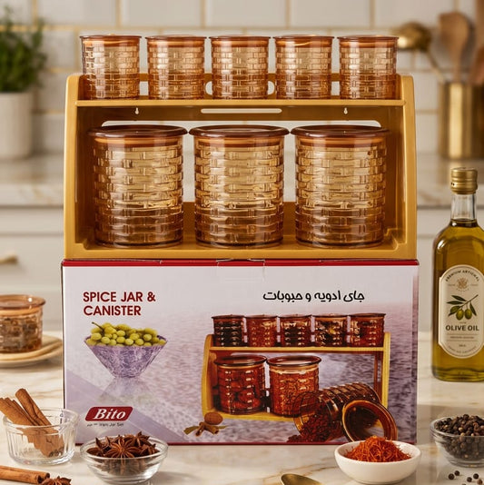 BITO SPICE JAR and Canister Set  Round Shap Wall Mounted Stand 9 Pcs Set BITO SPICE JAR and Canister Set Round Shap Wall Mounted Stand 9 Pcs Set Square