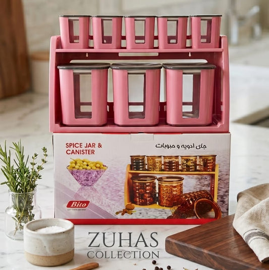 BITO SPICE JAR and Canister Set Wall Mounted Stand 9 Pcs Set Square