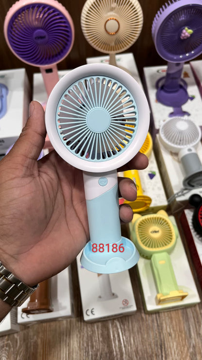 Rechargeable, portable handheld and desktop mini fan with a blue and white design