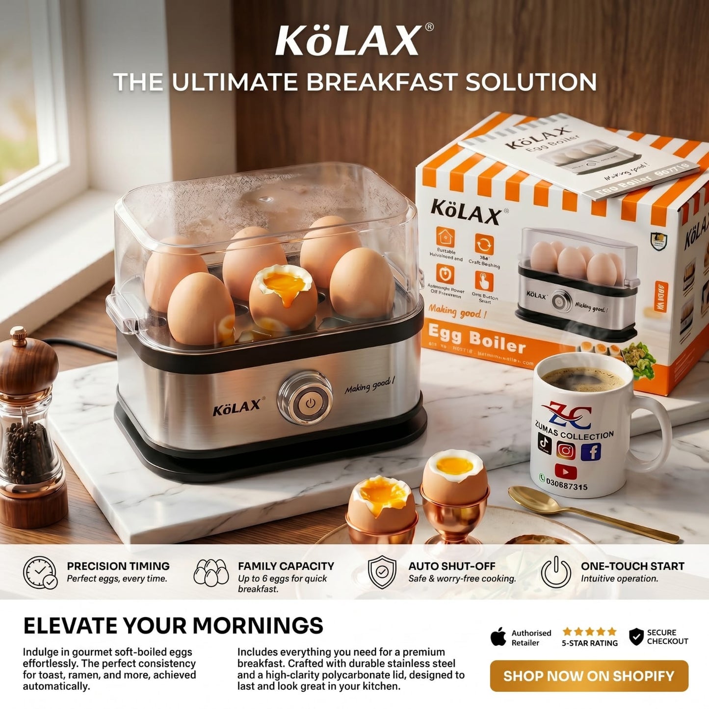 KöLAX 802718 Electric Egg Boiler | 200W Egg Steamer (6-Egg Capacity)