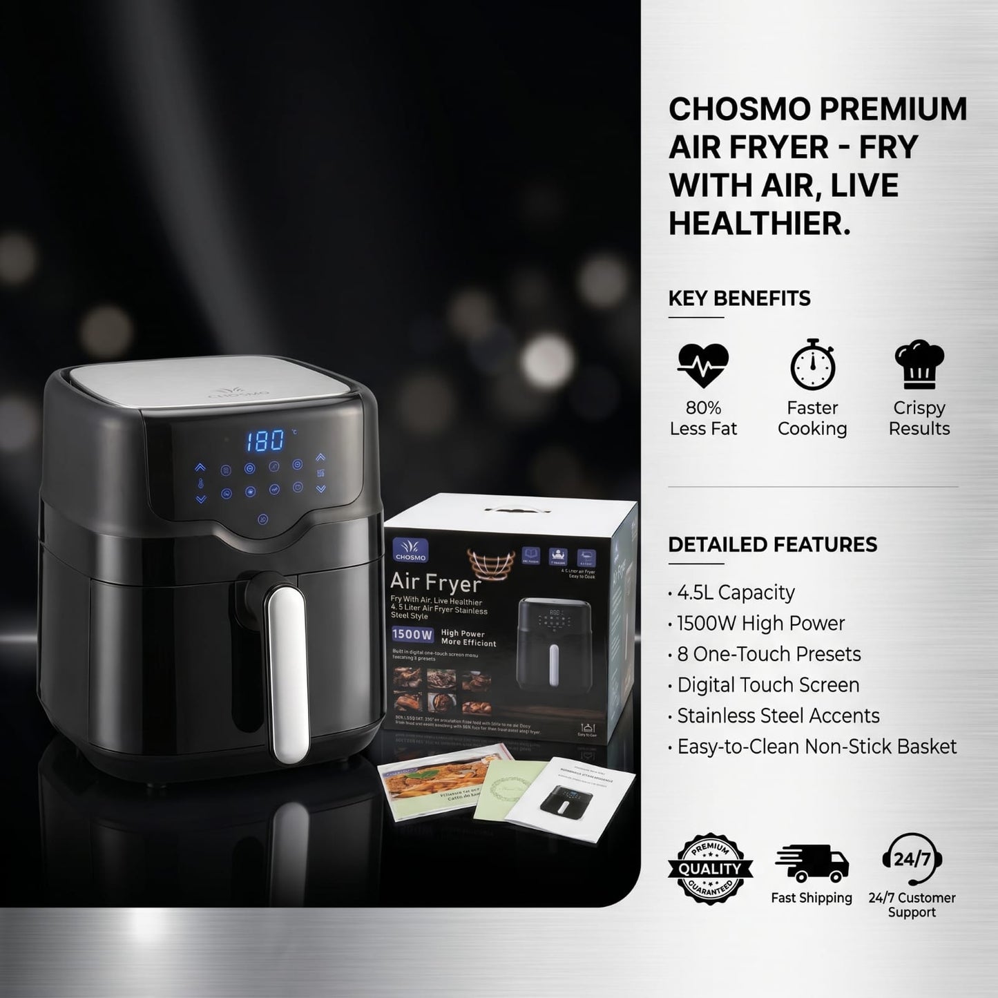 Chosmo 4.5L Digital Air Fryer – 1500W High Power Stainless Steel Style, 8 Cooking Presets, Oil-Free Cooker with Recipe Book & Manual