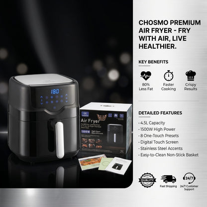Chosmo 4.5L Digital Air Fryer – 1500W High Power Stainless Steel Style, 8 Cooking Presets, Oil-Free Cooker with Recipe Book & Manual