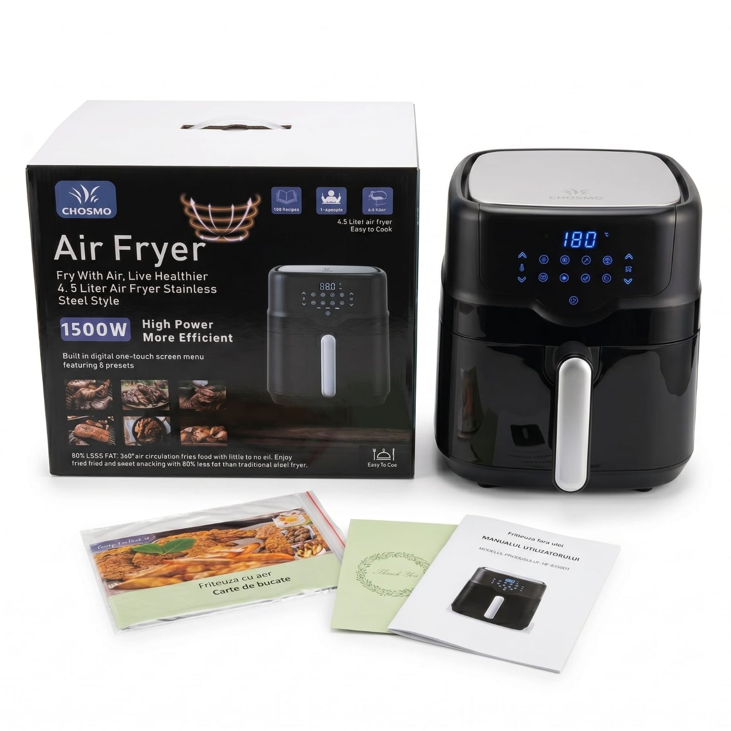 Chosmo 4.5L Digital Air Fryer – 1500W High Power Stainless Steel Style, 8 Cooking Presets, Oil-Free Cooker with Recipe Book & Manual