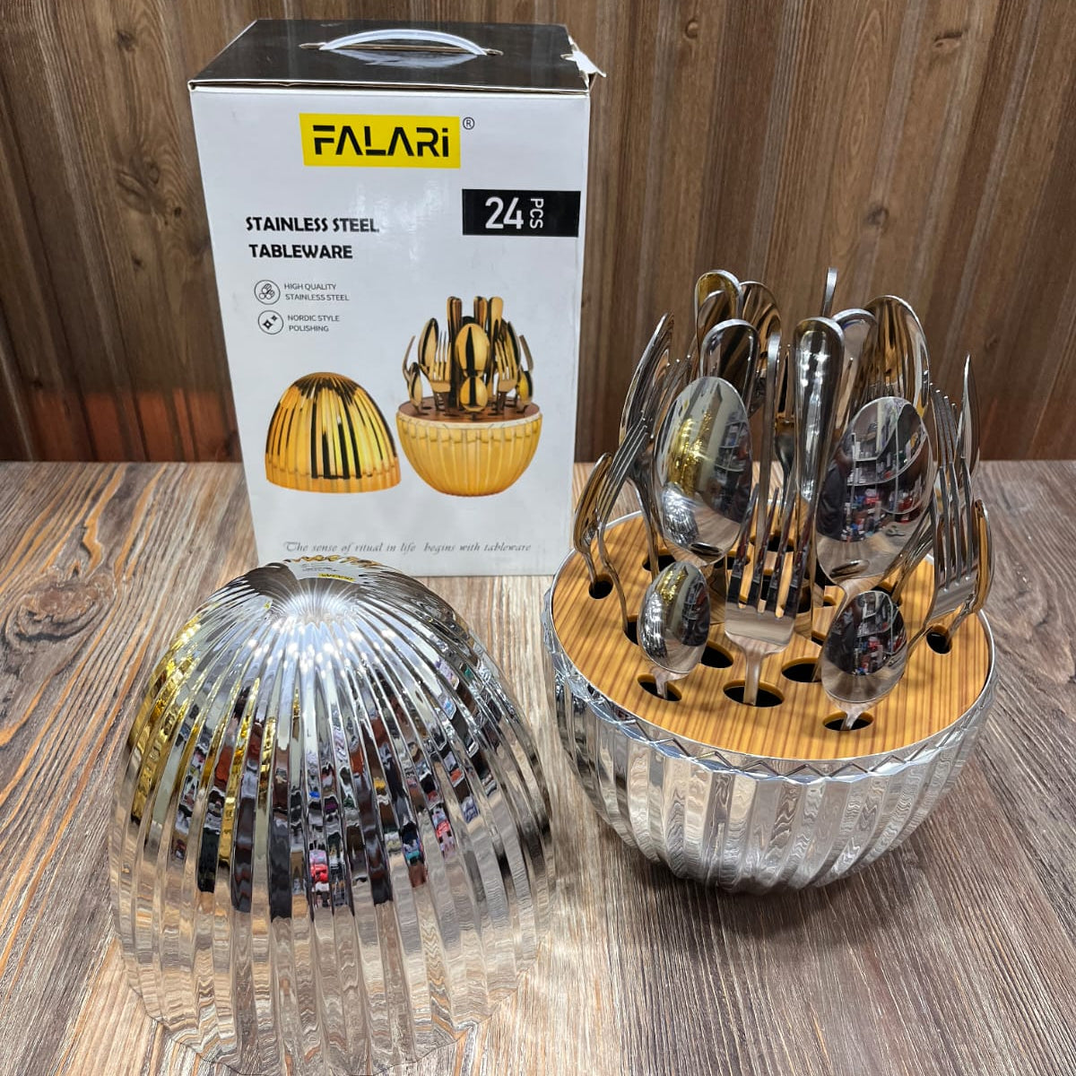 Falari 24-Piece Stainless Steel Cutlery Set with Luxury Egg-Shaped Storage Stand-Silver