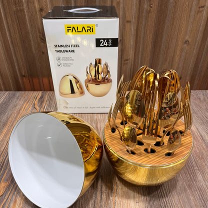 Falari 24-Piece Luxury Gold Stainless Steel Cutlery Set with Egg Storage Holder