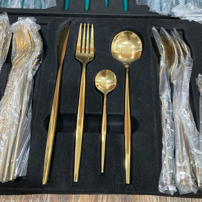 24 Pcs Premium Stainless Steel Dining Cutlery Set – Golden Mirror Polish