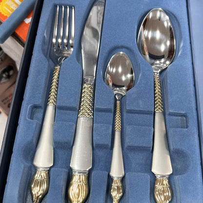 KDK Premium 24 Pcs Cutlery Set – Luxury Gold/Silver Stainless Steel Flatware with Textured Handles