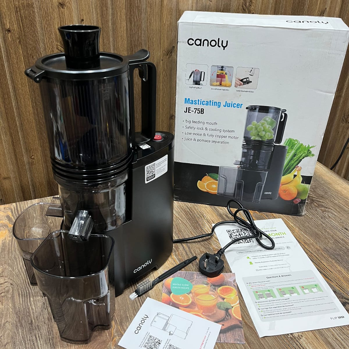 Canoly JE-75B Masticating Juicer – Big Feeding Mouth | Low-Noise Copper Motor | Juice & Pomace Separation