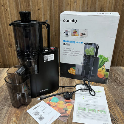 Canoly JE-75B Masticating Juicer – Big Feeding Mouth | Low-Noise Copper Motor | Juice & Pomace Separation