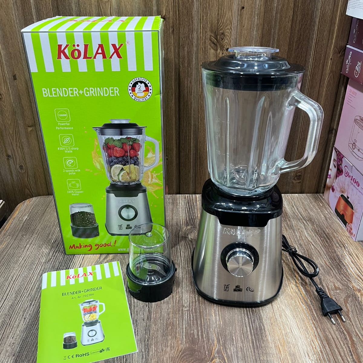 Kolax Blender + Grinder – Glass Jar | 100% Copper Motor | 5 Sharp Blades | Germany Brand (Art. No. 702306)
