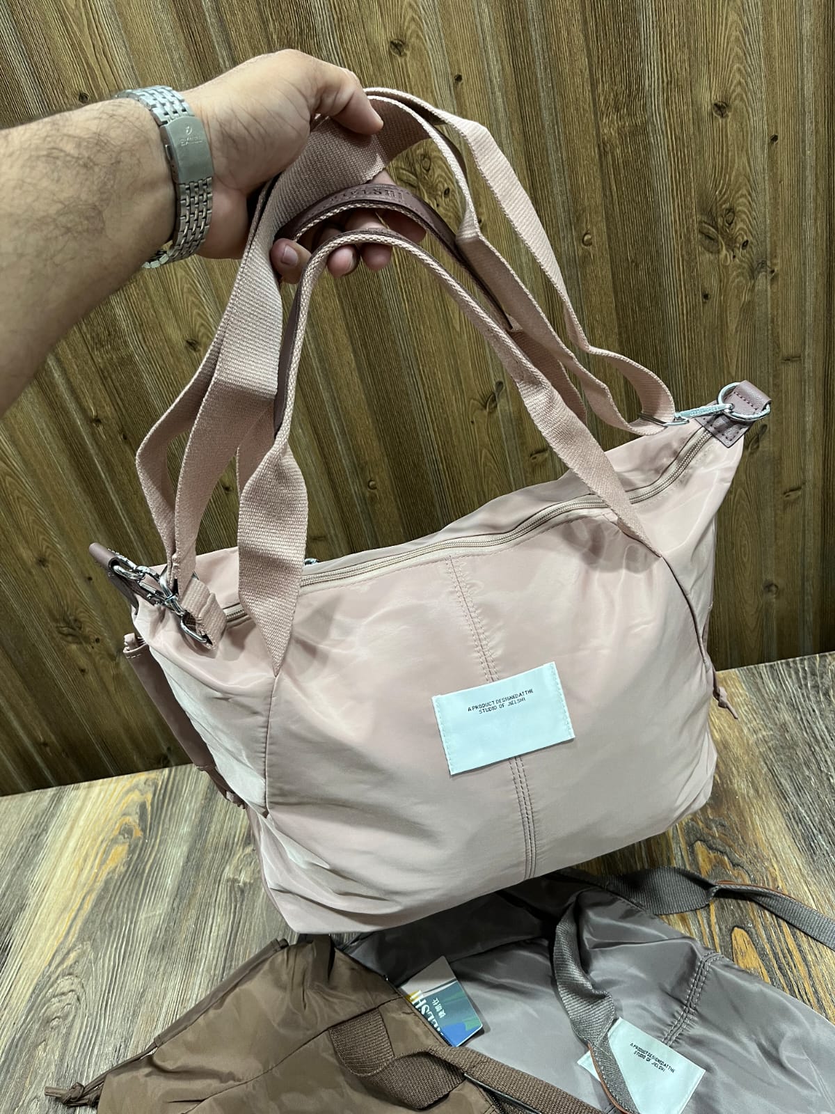 Brown Nylon Foldable Travel Tote Bag with Detachable Strap
