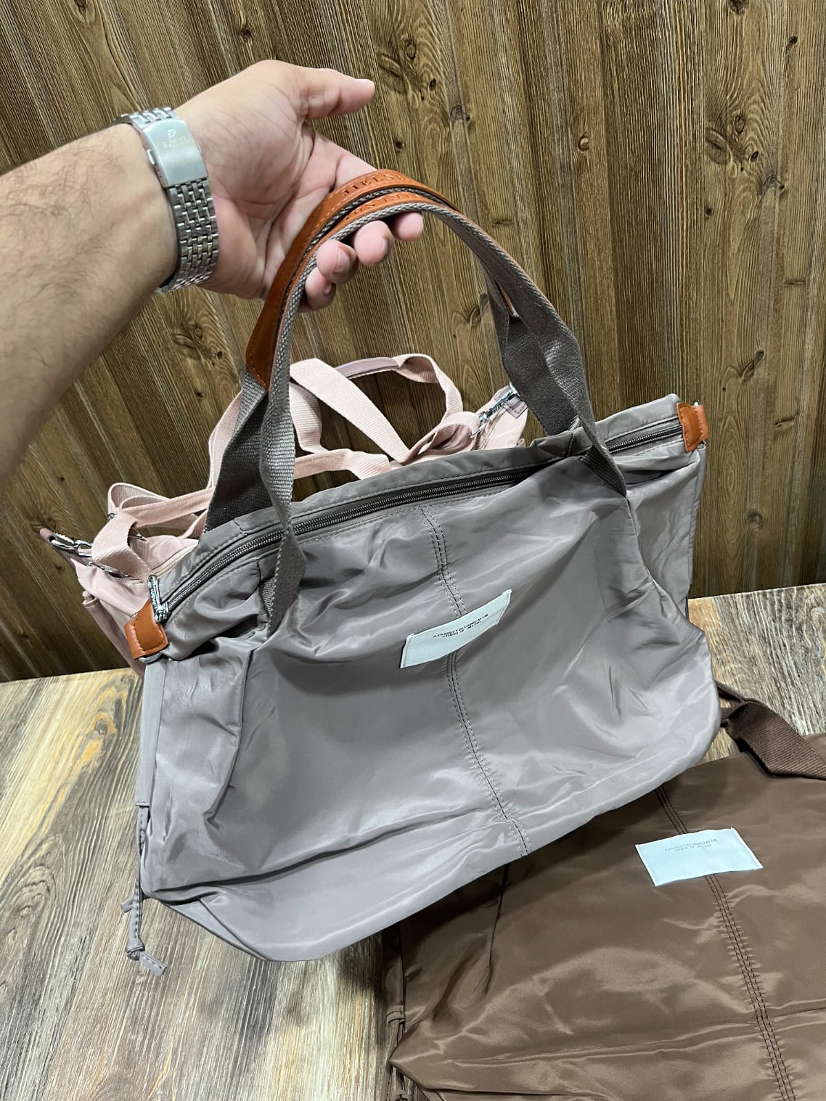 Brown Nylon Foldable Travel Tote Bag with Detachable Strap