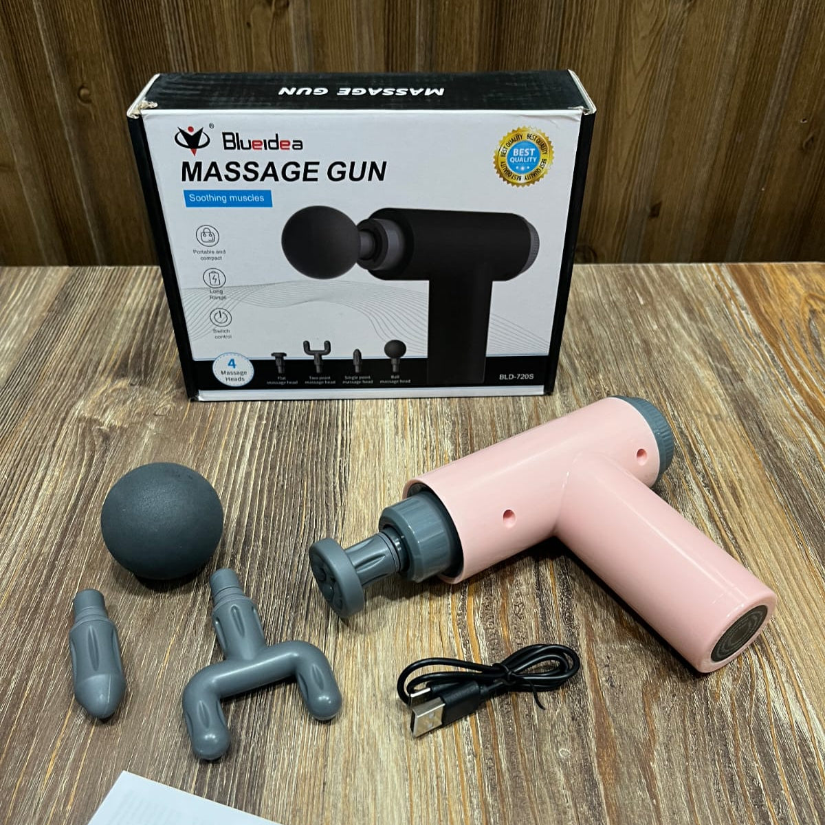 Blueidea  Deep Tissue Massage Gun – Portable Percussion Massager with 4 Heads (Pink)