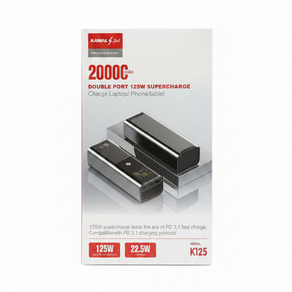 Kamal K125 20000mAh Lithium Battery Power Bank - 125W Supercharge for Laptops & Phones