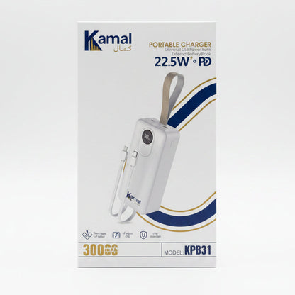 Kamal 30000mAh Heavy Duty Power Bank - 22.5W Fast Charging with Built-in Cables